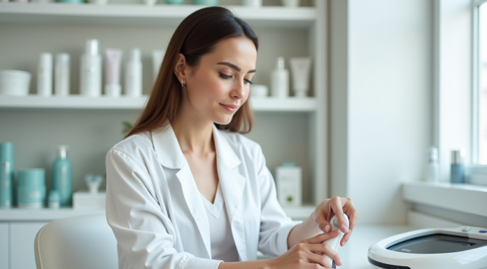 Femme en blouse blanche utilisant un appareil d'épilation à lumière pulsée