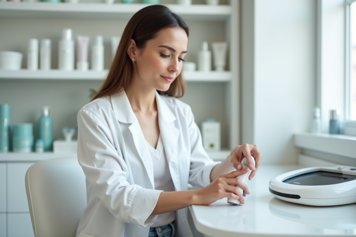 Femme en blouse blanche utilisant un appareil d'épilation à lumière pulsée