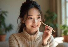 Jeune femme appliquant un maquillage cuivre sur les yeux