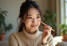 Jeune femme appliquant un maquillage cuivre sur les yeux