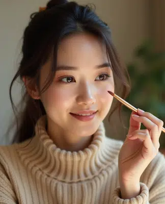 Jeune femme appliquant un maquillage cuivre sur les yeux