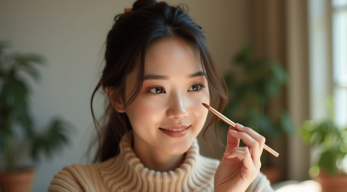 Jeune femme appliquant un maquillage cuivre sur les yeux