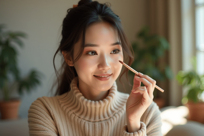 Jeune femme appliquant un maquillage cuivre sur les yeux