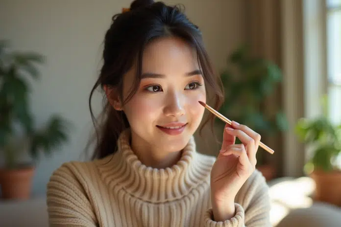 Jeune femme appliquant un maquillage cuivre sur les yeux