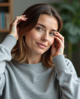 Femme se massant le cuir chevelu dans un salon lumineux