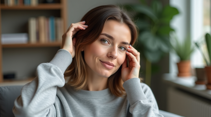 Femme se massant le cuir chevelu dans un salon lumineux
