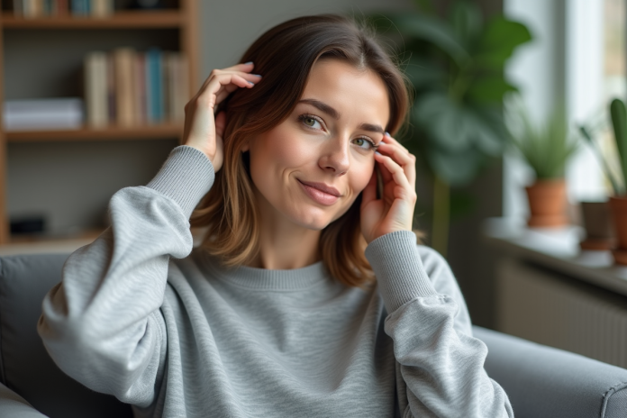 femme-massage-cuir-chevelure Femme se massant le cuir chevelu dans un salon lumineux