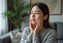 Femme se massant la mâchoire dans un salon moderne