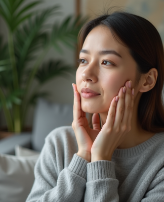 Femme se massant la mâchoire dans un salon moderne