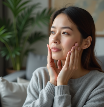 Œdème du visage : comment drainer efficacement ? Femme se massant la mâchoire dans un salon moderne