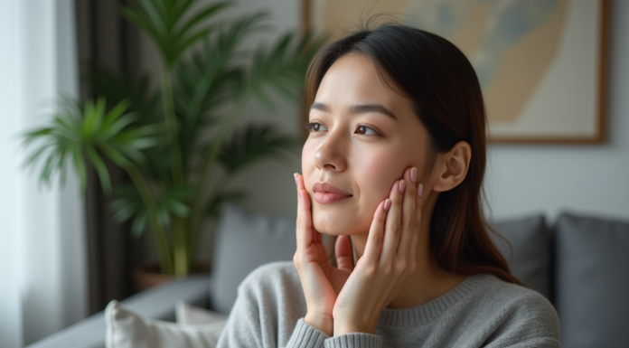 Femme se massant la mâchoire dans un salon moderne