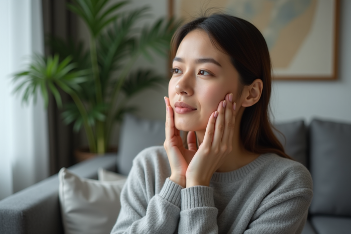 Femme se massant la mâchoire dans un salon moderne