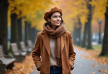 Femme élégante en manteau marron dans un parc automnal