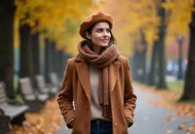 Femme élégante en manteau marron dans un parc automnal