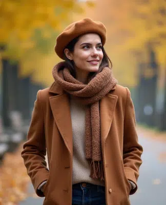 Femme élégante en manteau marron dans un parc automnal