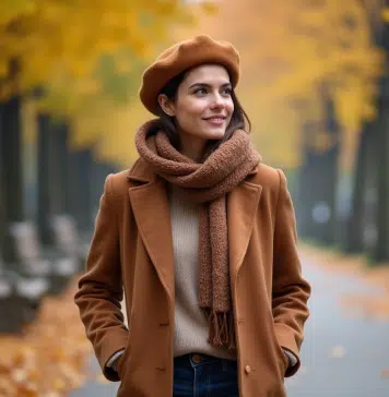 Femme élégante en manteau marron dans un parc automnal