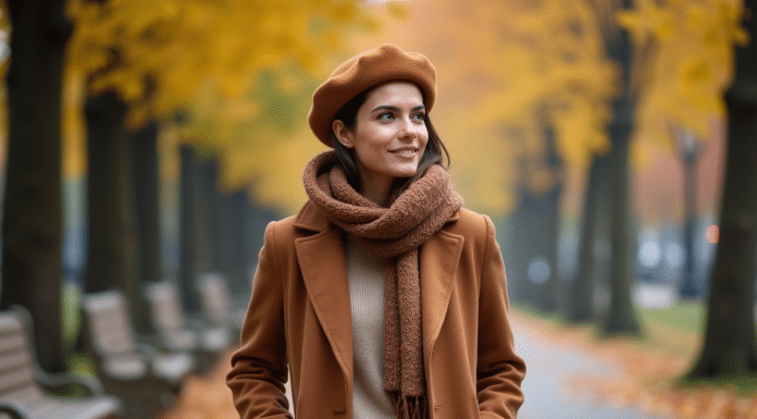 Femme élégante en manteau marron dans un parc automnal