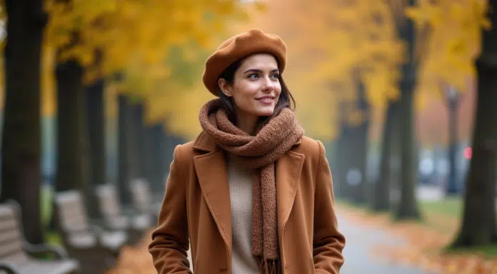 Femme élégante en manteau marron dans un parc automnal