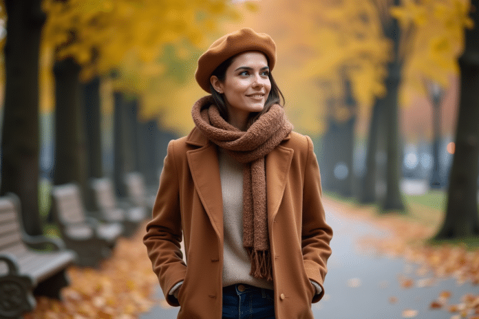 femme-mode-automne Femme élégante en manteau marron dans un parc automnal
