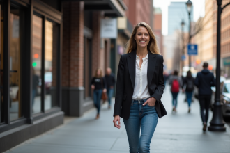 Femme élégante marchant dans la ville moderne