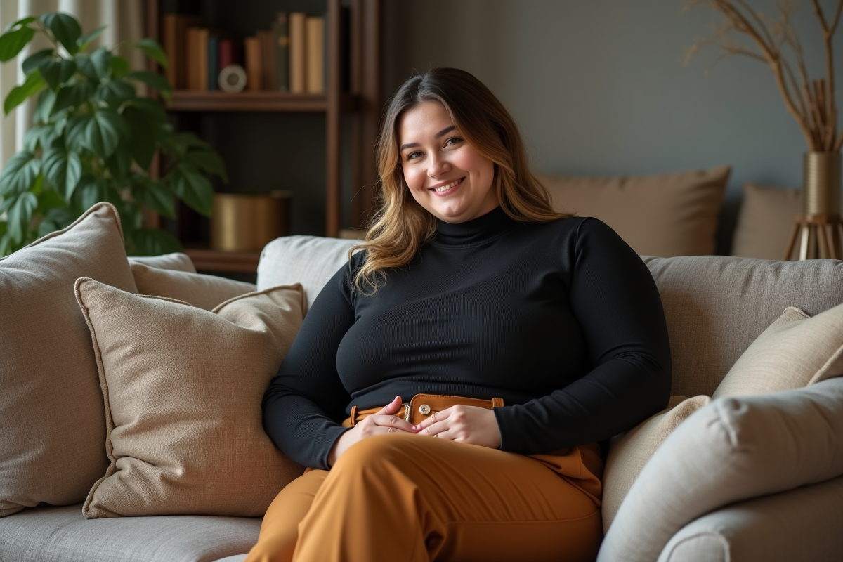 Femme en pantalon large et turtleneck assise dans un salon cosy