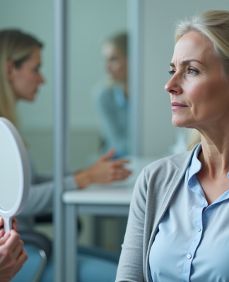 Femme réfléchissant à ses soins du visage dans un cabinet médical