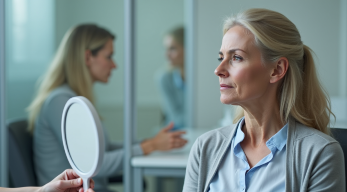 Femme réfléchissant à ses soins du visage dans un cabinet médical