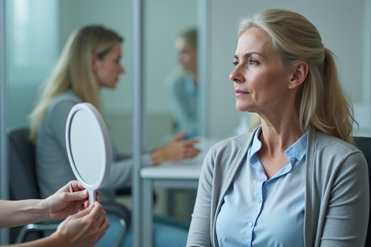 Femme réfléchissant à ses soins du visage dans un cabinet médical