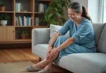 Femme souriante se massant les pieds dans un salon cosy