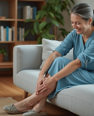 Femme souriante se massant les pieds dans un salon cosy