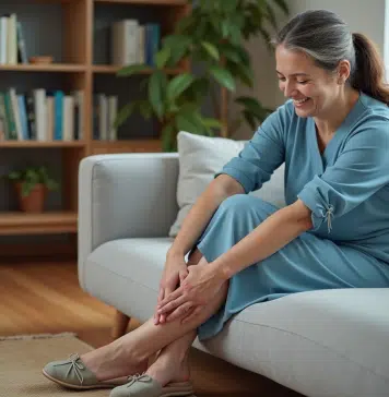 Femme souriante se massant les pieds dans un salon cosy