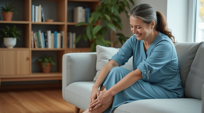 Femme souriante se massant les pieds dans un salon cosy