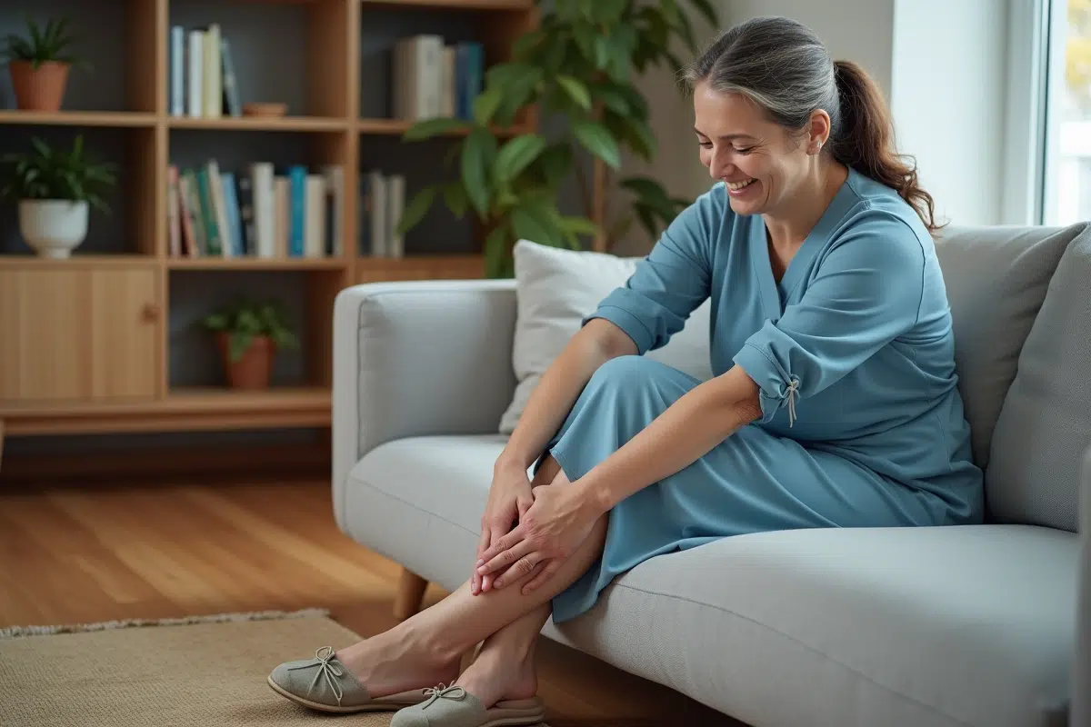 Femme souriante se massant les pieds dans un salon cosy