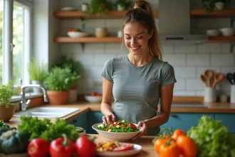 Femme souriante préparant une salade colorée dans une cuisine moderne