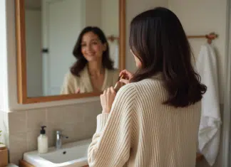 Peigner les cheveux quotidiennement : une nécessité pour la santé capillaire ? Femme d'âge moyen se coiffant dans une salle de bain chaleureuse