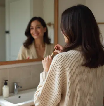 Peigner les cheveux quotidiennement : une nécessité pour la santé capillaire ? Femme d'âge moyen se coiffant dans une salle de bain chaleureuse