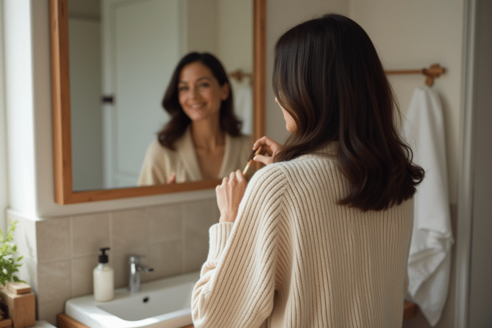 femme-soin-cheveux-bain Femme d'âge moyen se coiffant dans une salle de bain chaleureuse