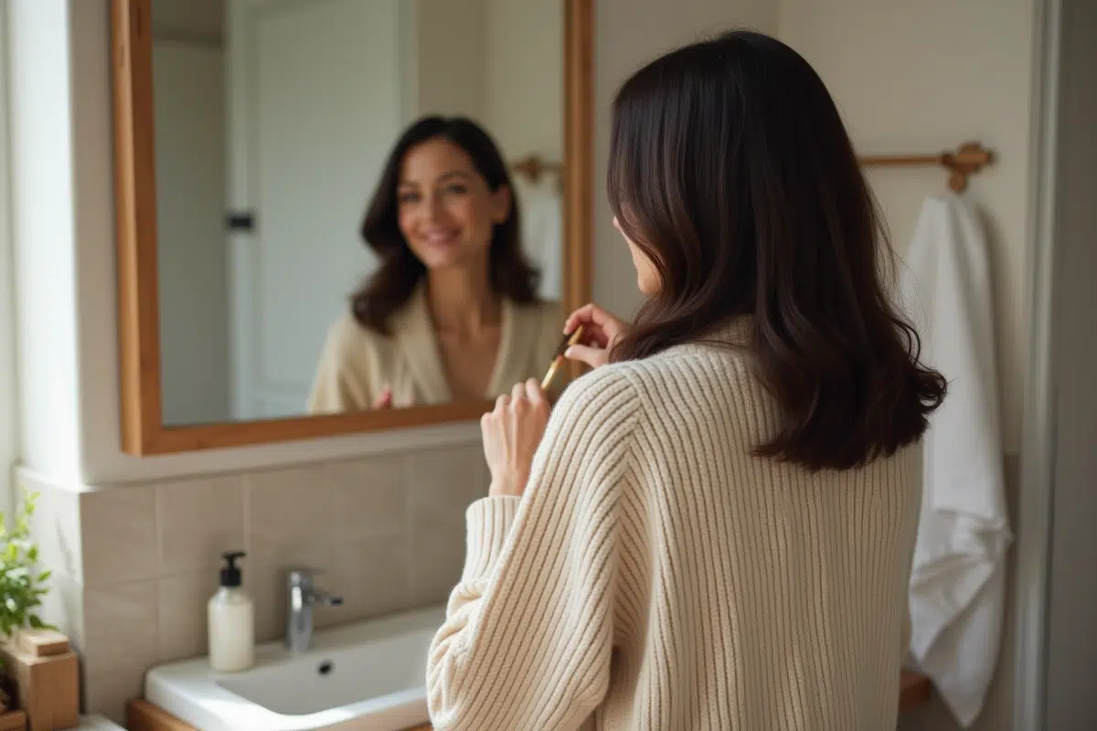 Femme d'âge moyen se coiffant dans une salle de bain chaleureuse