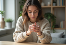 Gel et ongles : comment éviter les dommages causés par le gel ? Femme en sweater regardant ses mains soignées dans un intérieur calme