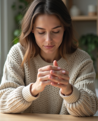 Femme en sweater regardant ses mains soignées dans un intérieur calme
