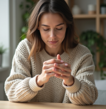 Gel et ongles : comment éviter les dommages causés par le gel ? Femme en sweater regardant ses mains soignées dans un intérieur calme