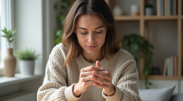 Femme en sweater regardant ses mains soignées dans un intérieur calme