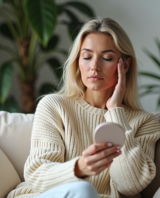 Femme en pull crème se regardant dans un miroir naturel