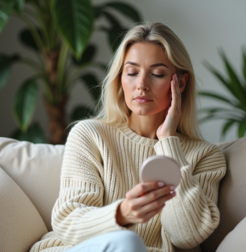Acide hyaluronique : effet sur le visage, gonflement ou résultats naturels ? Femme en pull crème se regardant dans un miroir naturel