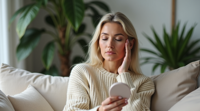 Femme en pull crème se regardant dans un miroir naturel