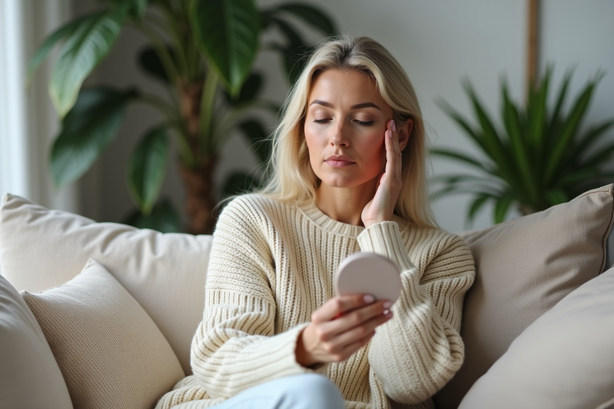 Femme en pull crème se regardant dans un miroir naturel