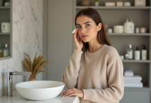 Femme appliquant une creme visage dans sa salle de bain