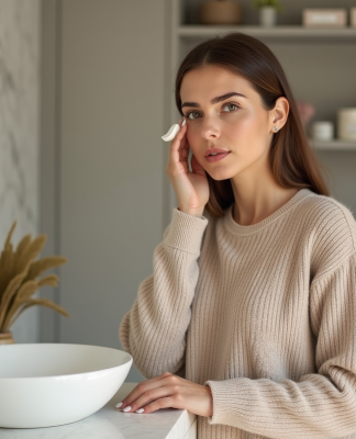 Femme appliquant une creme visage dans sa salle de bain