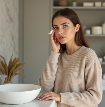 Routine visage: comment bien choisir ses produits de soin pour une peau éclatante et saine ? Femme appliquant une creme visage dans sa salle de bain