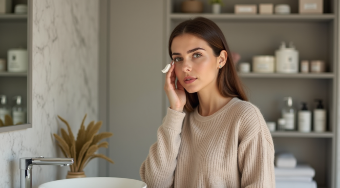 Femme appliquant une creme visage dans sa salle de bain